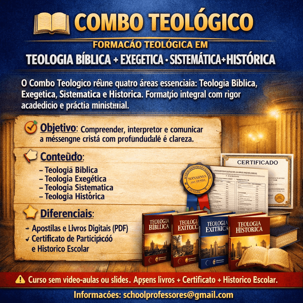 COMBO TEOLÓGICO FORMAÇÃO TEOLOGICA EM TEOLOGIA BÍBLICA+ EXEGETICA+SISTEMÁTICA+HISTÓRICA