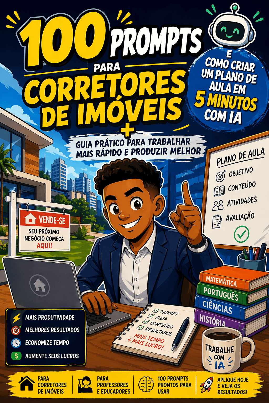 100 PROMPTS PODEROSOS PARA CORRETORES DE IMÓVEIS + PLANO DE AULA EM 5 MINUTOS COM IA