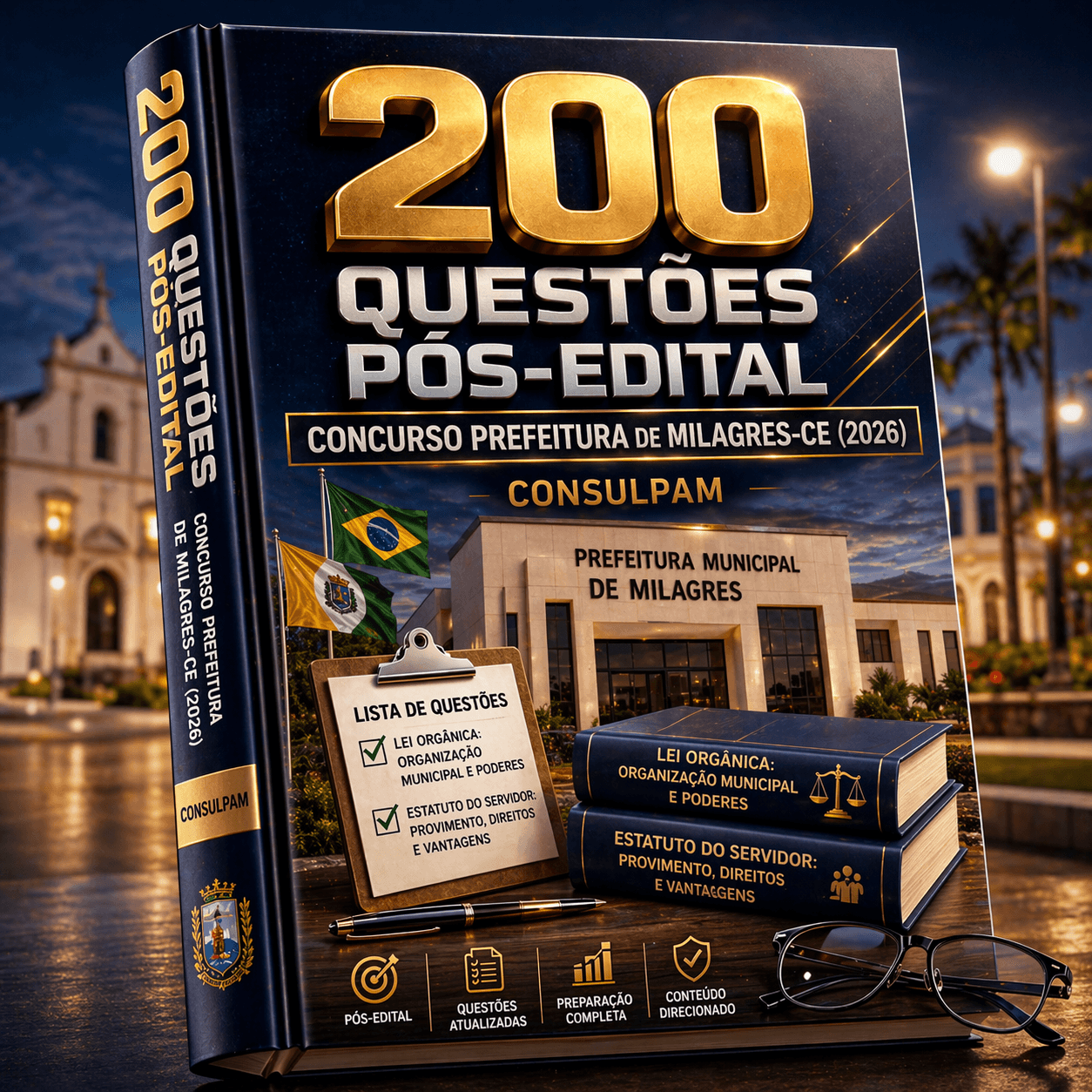 200 Questões Pós-Edital – Concurso Prefeitura de Milagres-CE (2026) – Consulpam – ( Lei Orgânica: Organização Municipal e Poderes • Estatuto do Servidor: Provimento, Direitos e Vantagens )