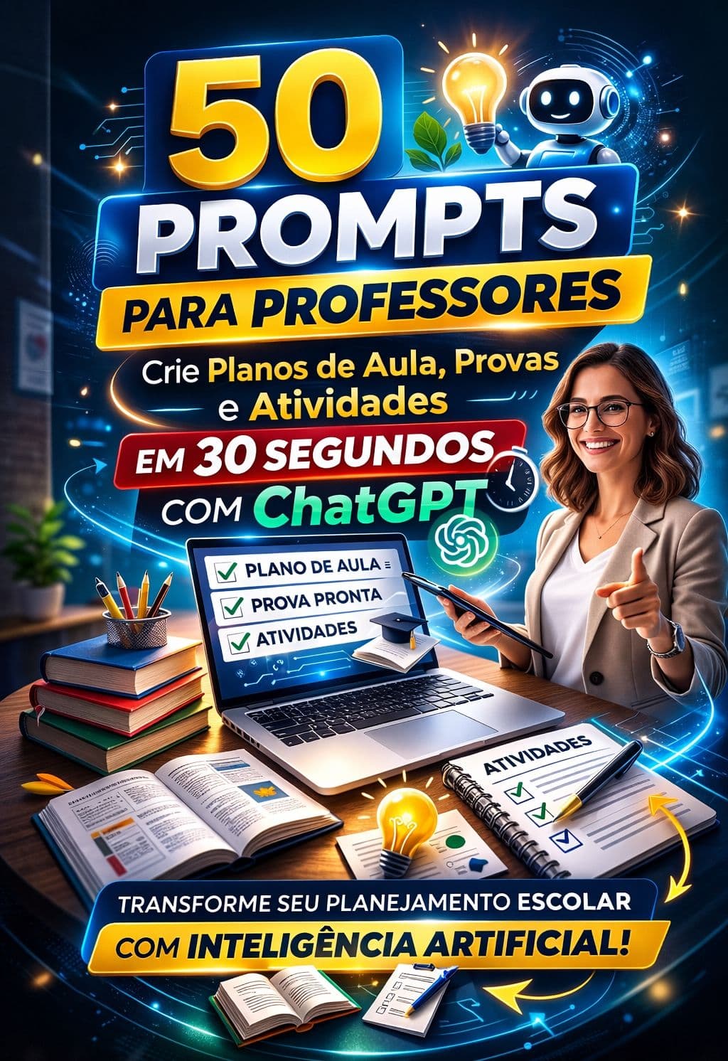 Pack 50 Prompts para Professores: Crie Planos de Aula e Provas em 30 Segundos com ChatGPT