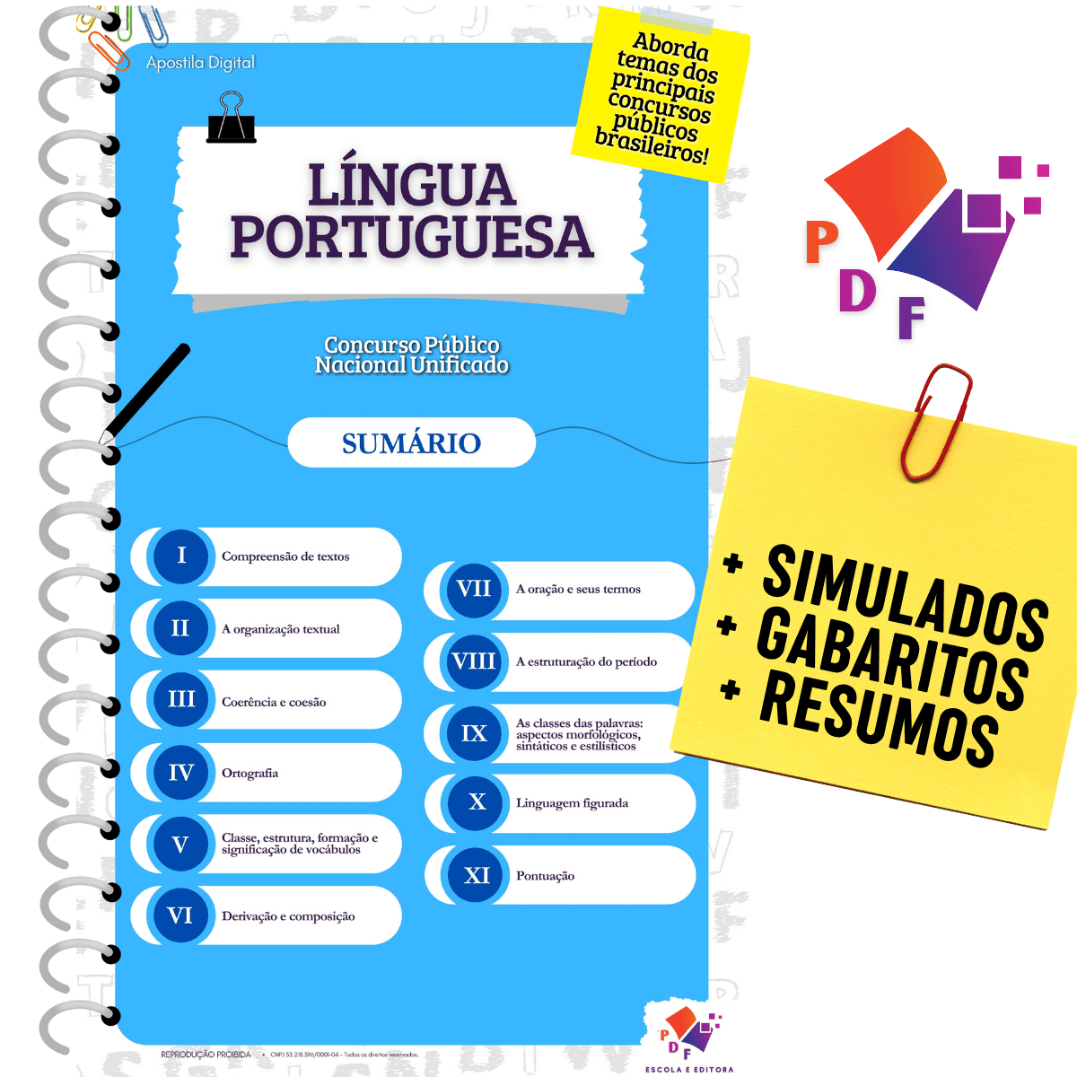Apostila - Língua Portuguesa (Português) para Concursos Públicos - Material de Estudo Completo - Com Questões, Simulados, Gabaritos e Resumos