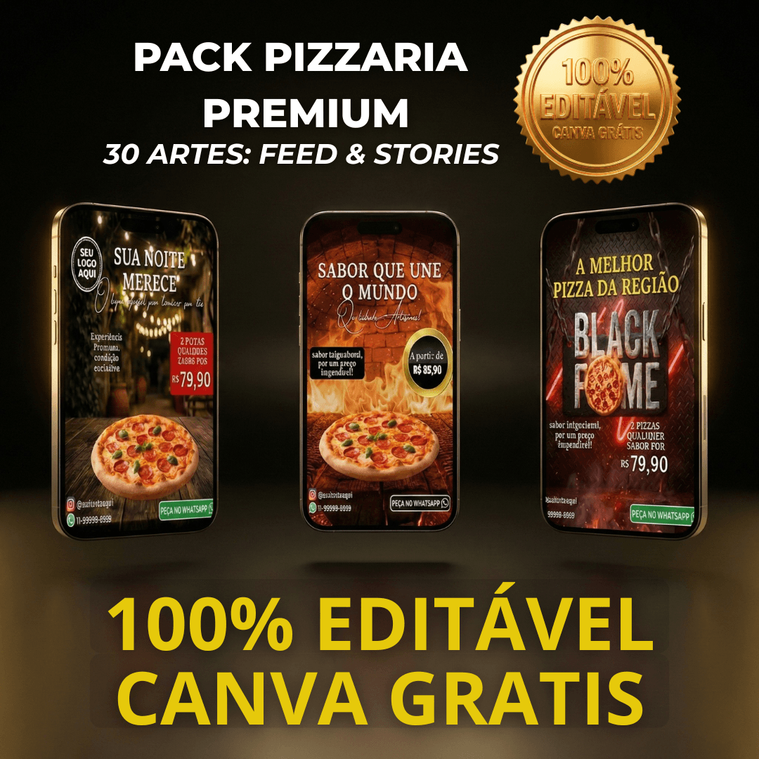 Pack Pizzaria Premium – 30 Artes Profissionais para Feed e Stories do Instagram (Canva Grátis)