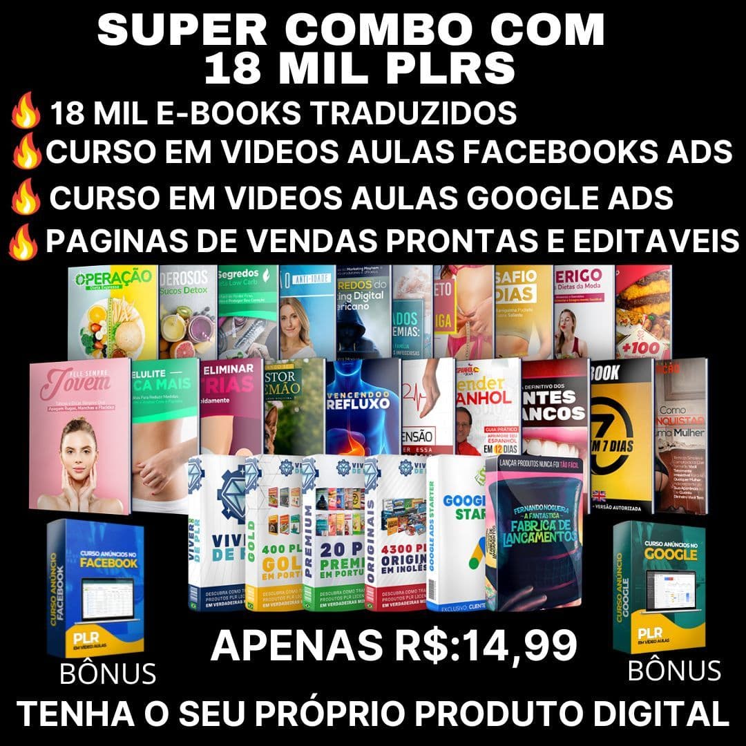 E-BOOKS -PLR - 18MIL E-BOOKS PLRS - 35 CURSOS PLRS EM VÍDEOS - 10 MIL EDITÁVEIS CANVA - 96 MIL FONTES - 600 PÁGINAS DE VENDAS