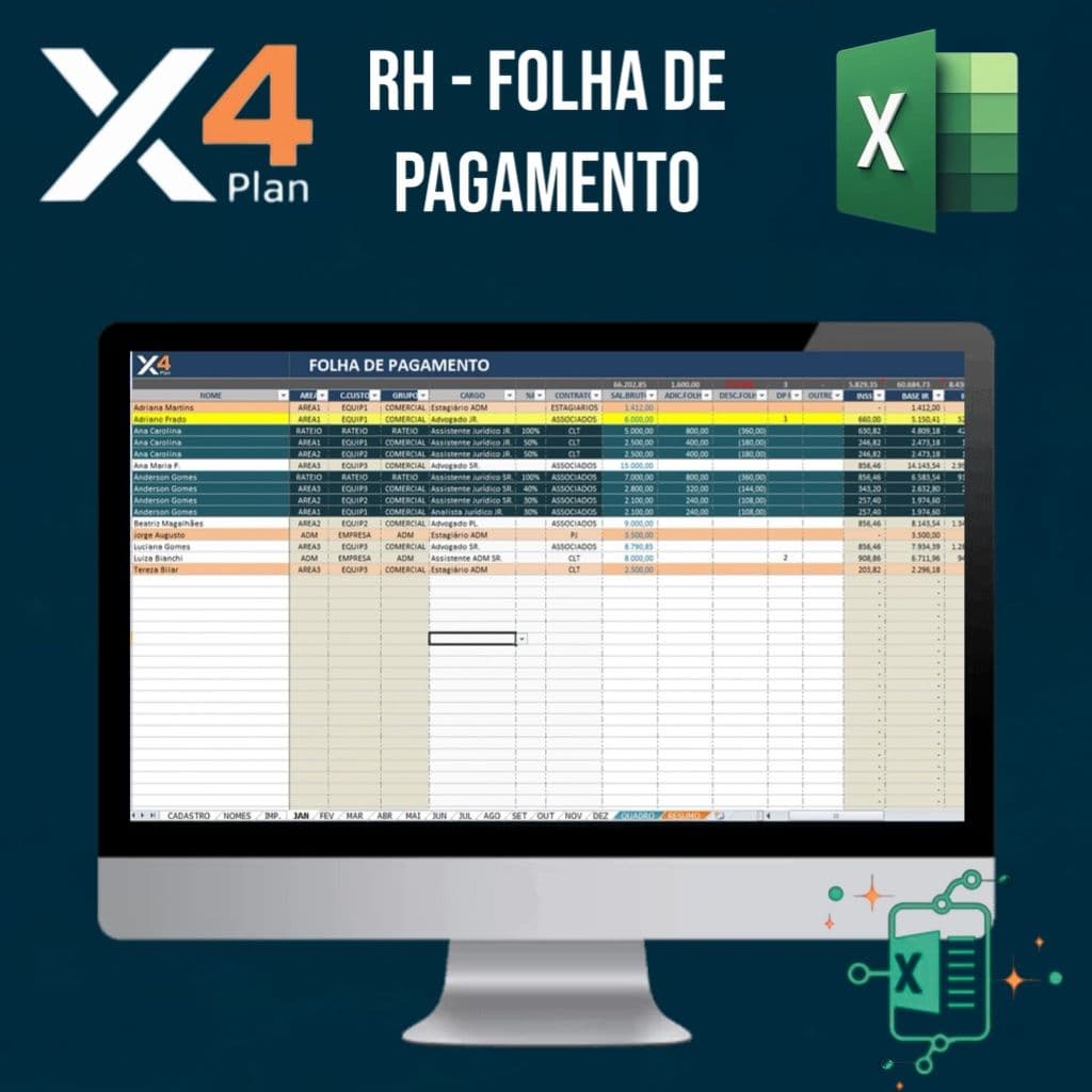 X4Plan - Planilha Profissional Folha de Pgamanto Excel Download. Relatórios Automáticos. Planilha Empresarial Gestão de RH Excel