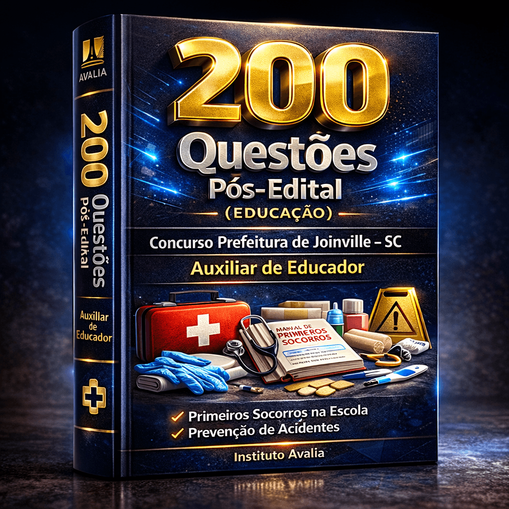 200 Questões Pós-Edital (EDUCAÇÃO) – Concurso Prefeitura de Joinville – SC 2026 – Instituto Avalia – ( Auxiliar de Educador: Primeiros Socorros na Escola • Prevenção de Acidentes )