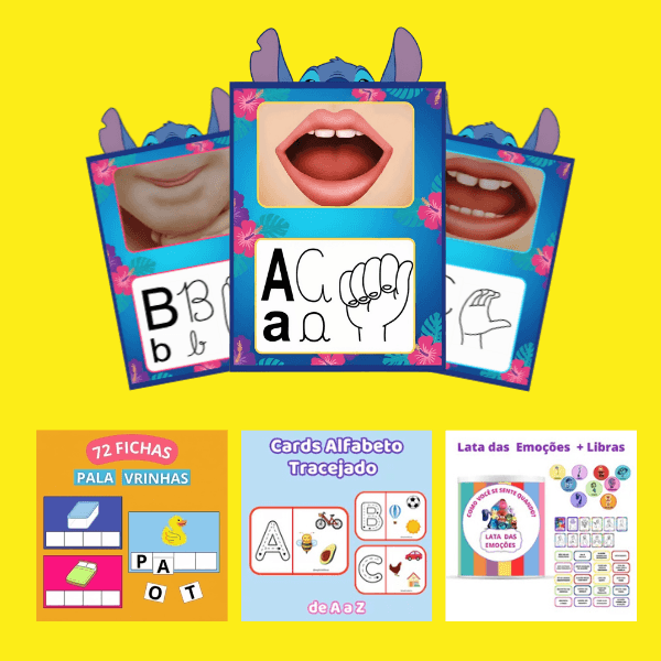 Kit Volta às Aulas + Libras: Alfabeto fônico do Stitch, 72 Fichas para Formar Palavras, Cards Alfabeto tracejado e Lata das Emoções do Divertidamente